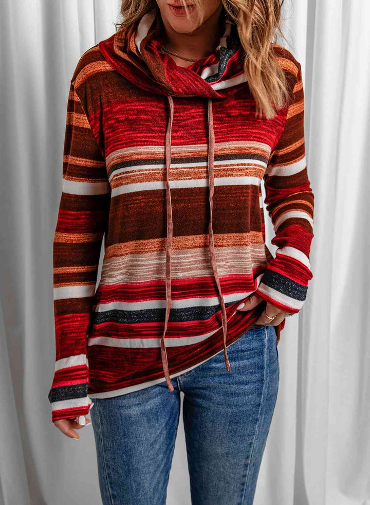 Striped Cowl Neck Tunic Sweatshirt |1mrk.com