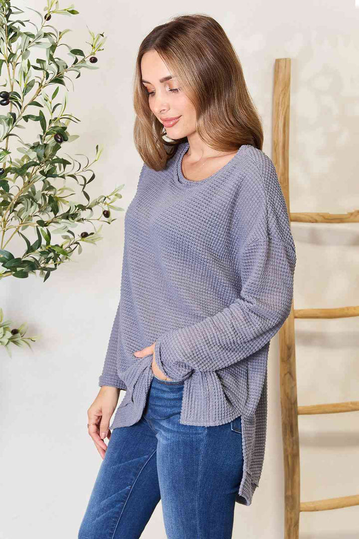 Basic Bae Waffle-Knit Round Neck Long Sleeve Slit Sweatshirt |1mrk.com