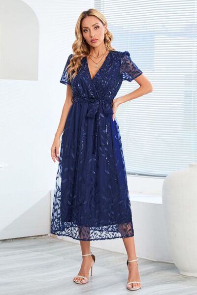 Sequin Leaf Embroidery Tie Front Short Sleeve Dress |1mrk.com