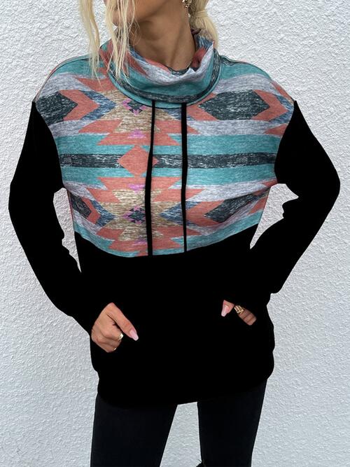 Geometric Drawstring Long-Sleeve Sweatshirt |1mrk.com