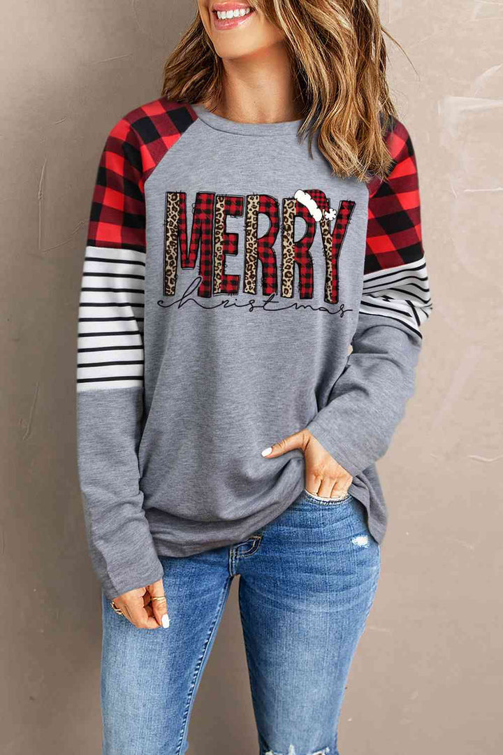 Christmas Letter Graphic Mixed Print Round Neck Top | 1mrk.com