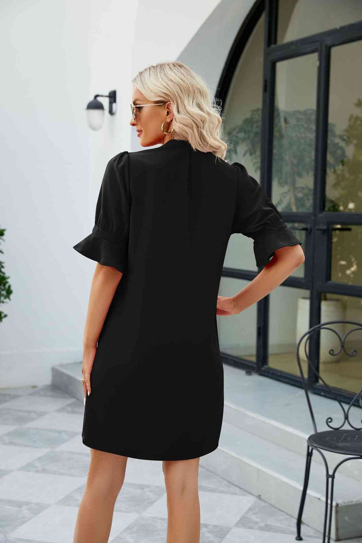 Notched Neck Flounce Sleeve Mini Dress |1mrk.com