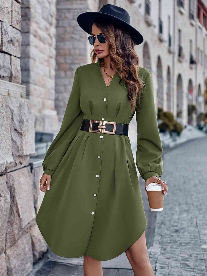 Notched Neck Long Sleeve Dress |1mrk.com