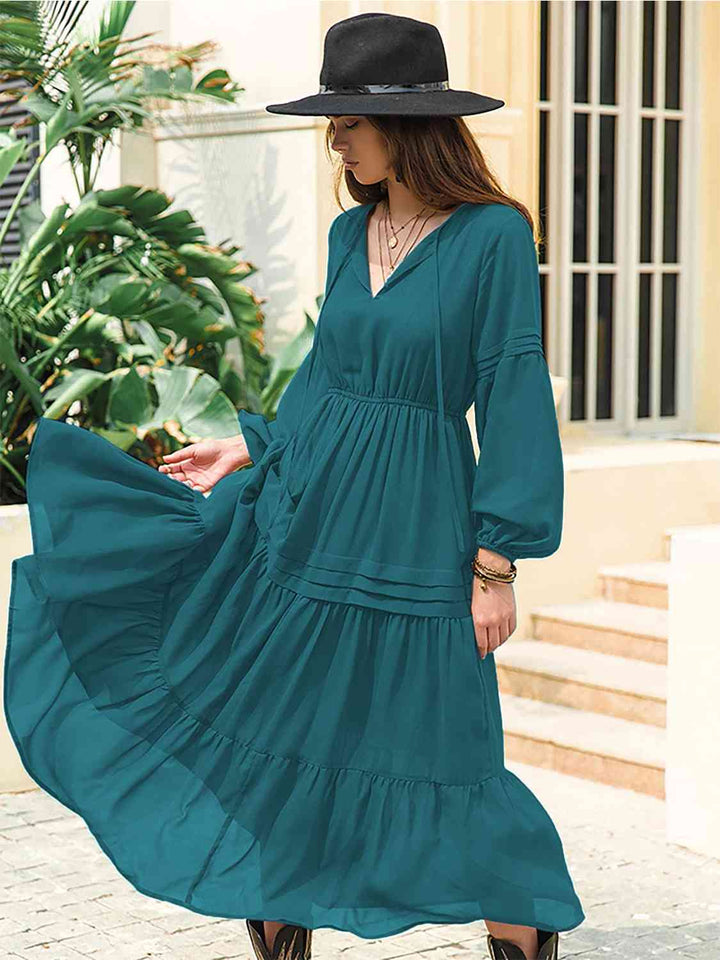 Tie Neck Long Sleeve Midi Tiered Dress | 1mrk.com