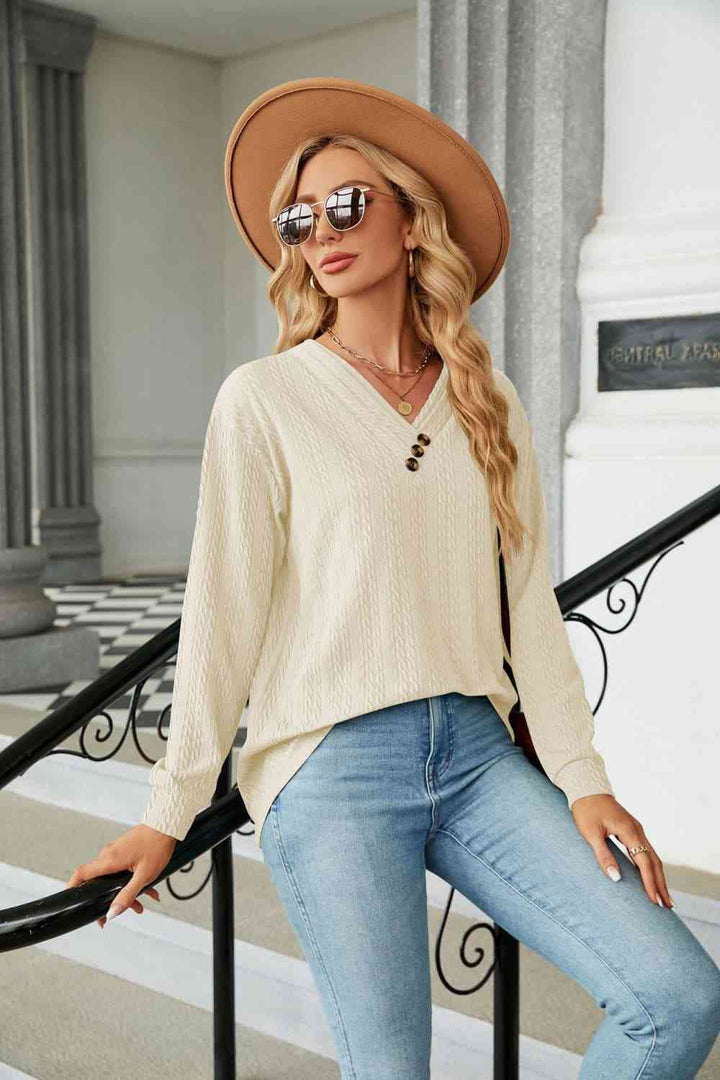 Decorative Button V-Neck Long Sleeve T-Shirt | 1mrk.com