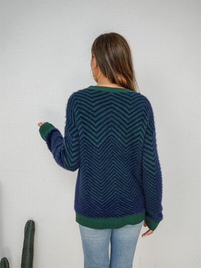 Striped Round Neck Dropped Shoulder Sweater |1mrk.com