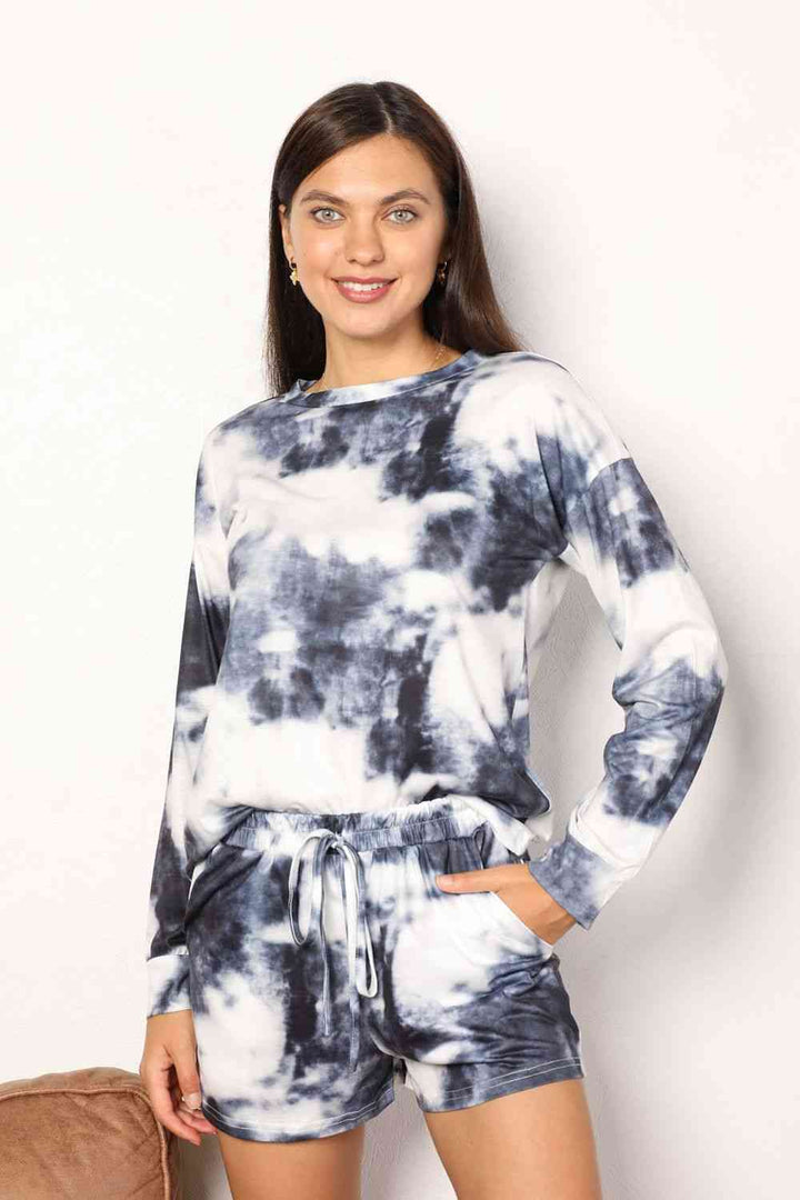 Double Take Tie-Dye Round Neck Top and Shorts Lounge Set | 1mrk.com