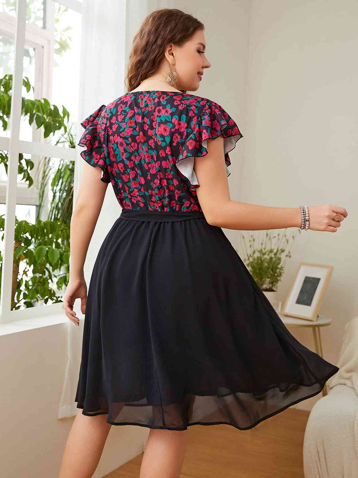 Plus Size Floral Surplice Neck Flutter Sleeve Dress |1mrk.com