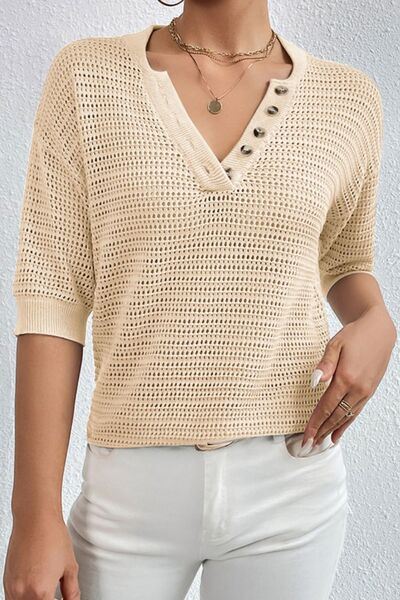 Openwork Half Button Dropped Shoulder Knit Top |1mrk.com