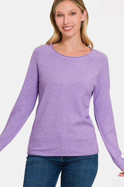Zenana Rolled Round Neck Long Sleeve Sweater | Trendsi