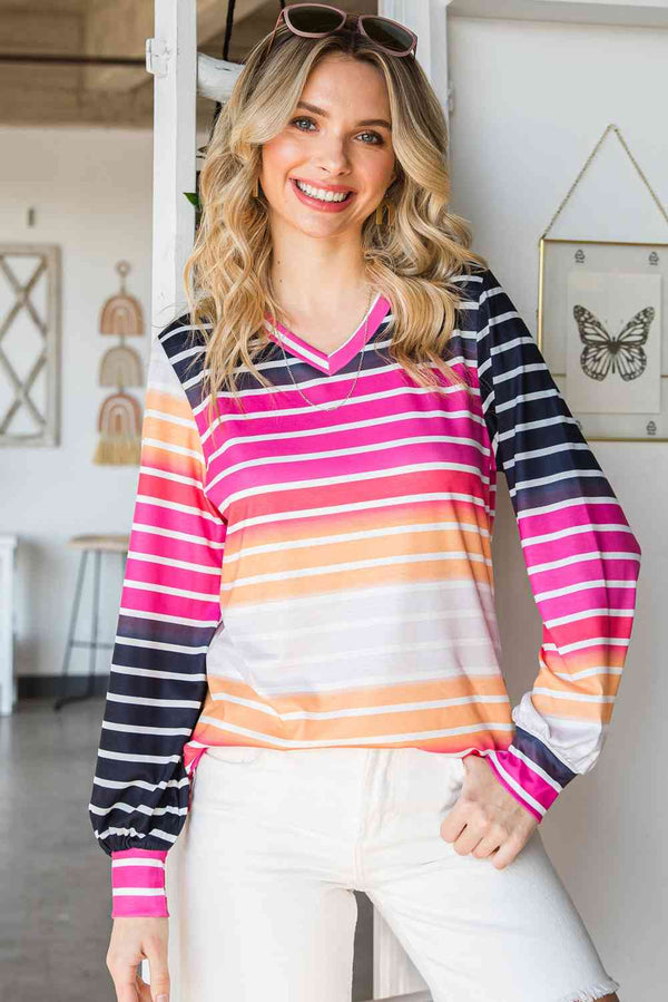 Gradient Striped Long Sleeve V-Neck Top |1mrk.com