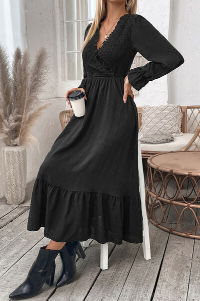 Smocked Surplice Flounce Sleeve Midi Dress |1mrk.com