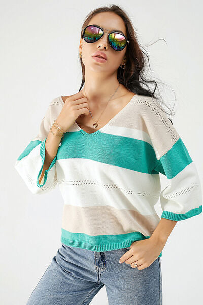 Color Block V-Neck Dropped Shoulder Sweater |1mrk.com