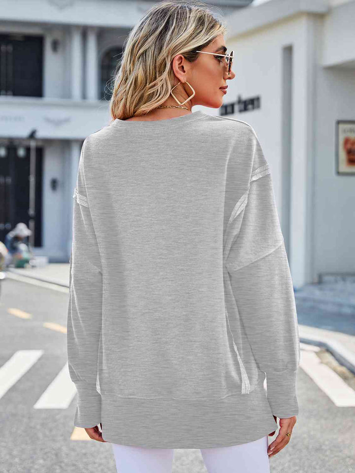 Exposed Seam High-Low Round Neck Sweatshirt |1mrk.com