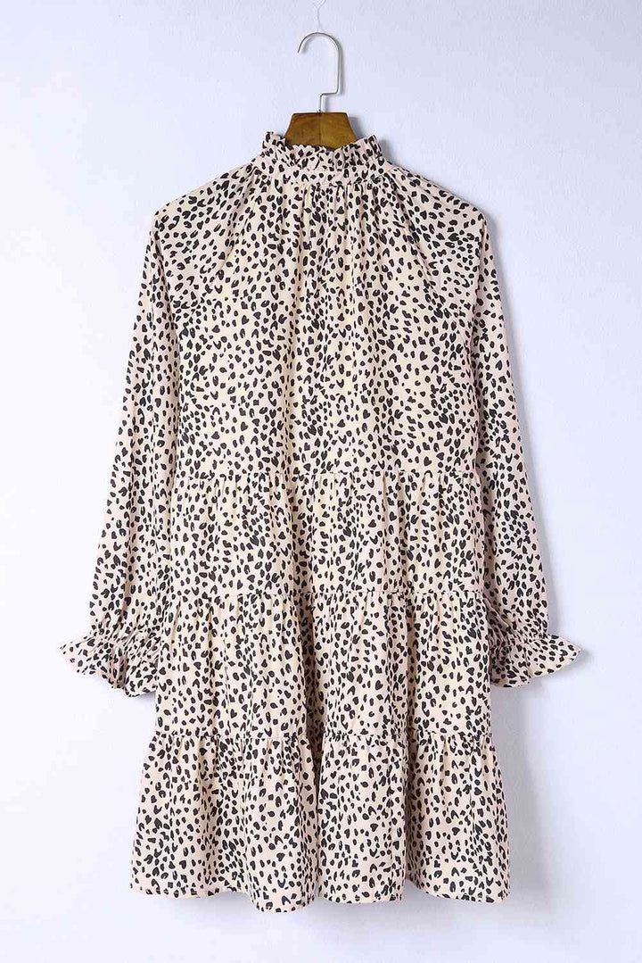 Printed Tie-Neck Flounce Sleeve Tiered Dress |1mrk.com