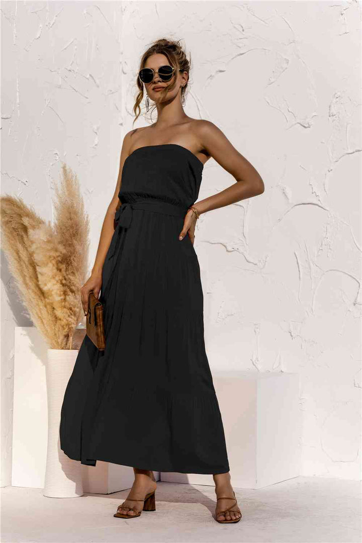 Strapless Tie Waist Tiered Maxi Dress |1mrk.com