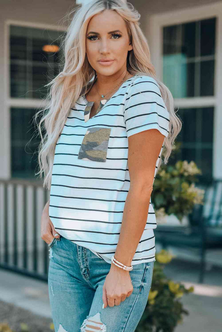 Striped Notched Neck T-Shirt | 1mrk.com