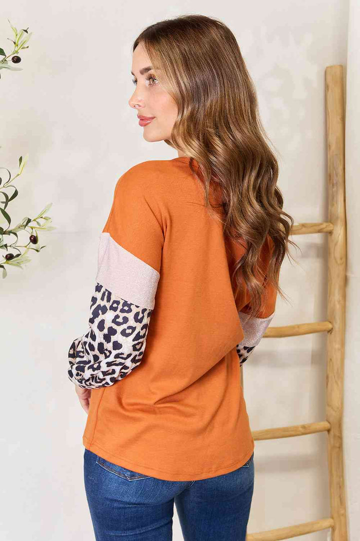 Double Take Leopard Long Sleeve Round Neck Sweatshirt |1mrk.com