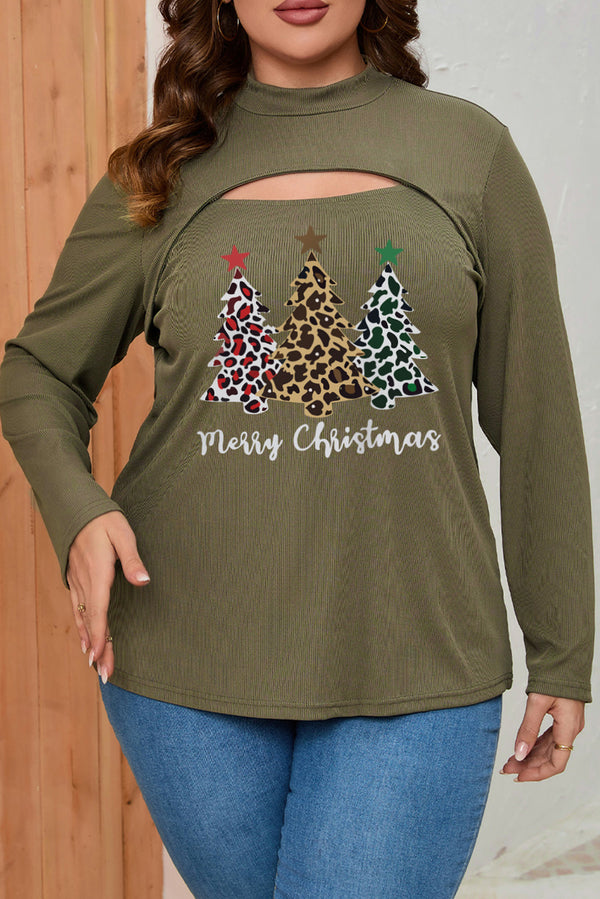 Plus Size Christmas Tree Graphic Cutout Round Neck Long Sleeve Blouse | Trendsi
