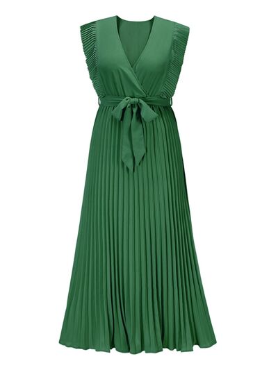 Tied Surplice Cap Sleeve Pleated Dress |1mrk.com