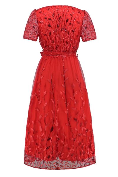 Sequin Leaf Embroidery Tie Front Short Sleeve Dress |1mrk.com