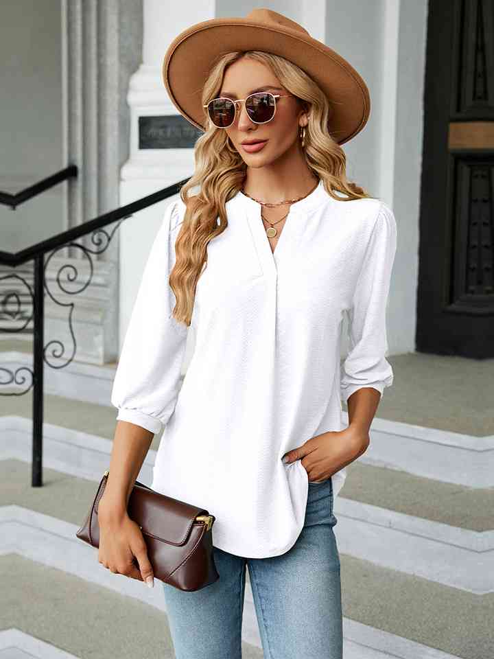 Notched Neck Three-Quarter Sleeve Blouse | 1mrk.com