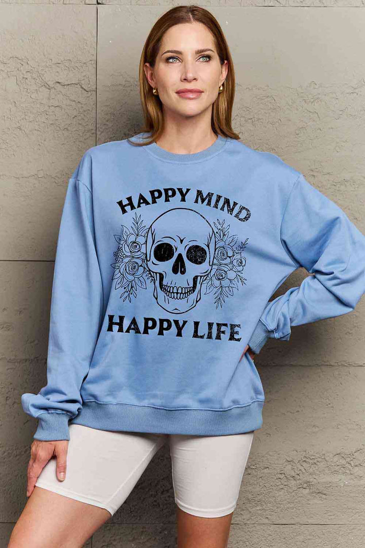 Simply Love Simply Love Full Size HAPPY MIND HAPPY LIFE SKULL Graphic Sweatshirt |1mrk.com