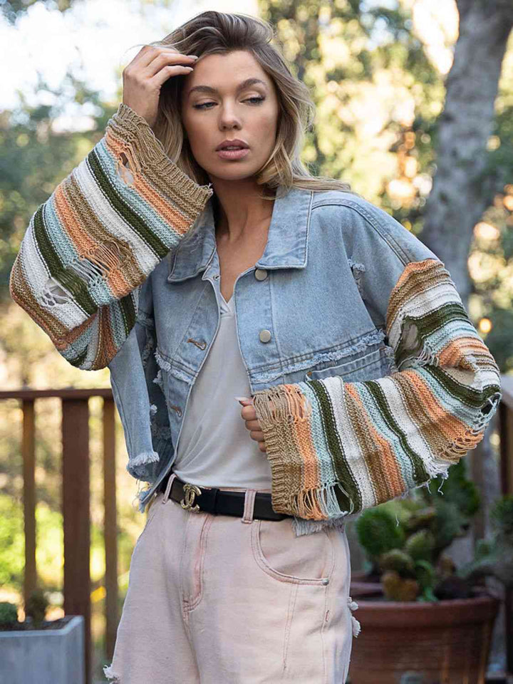 Distressed Striped Long Sleeve Denim Jacket | 1mrk.com