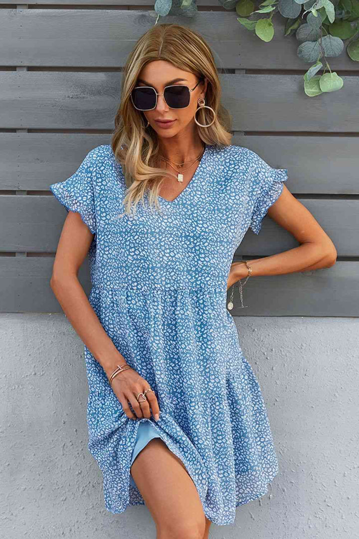 Printed V-Neck Short Sleeve Tiered Dress |1mrk.com