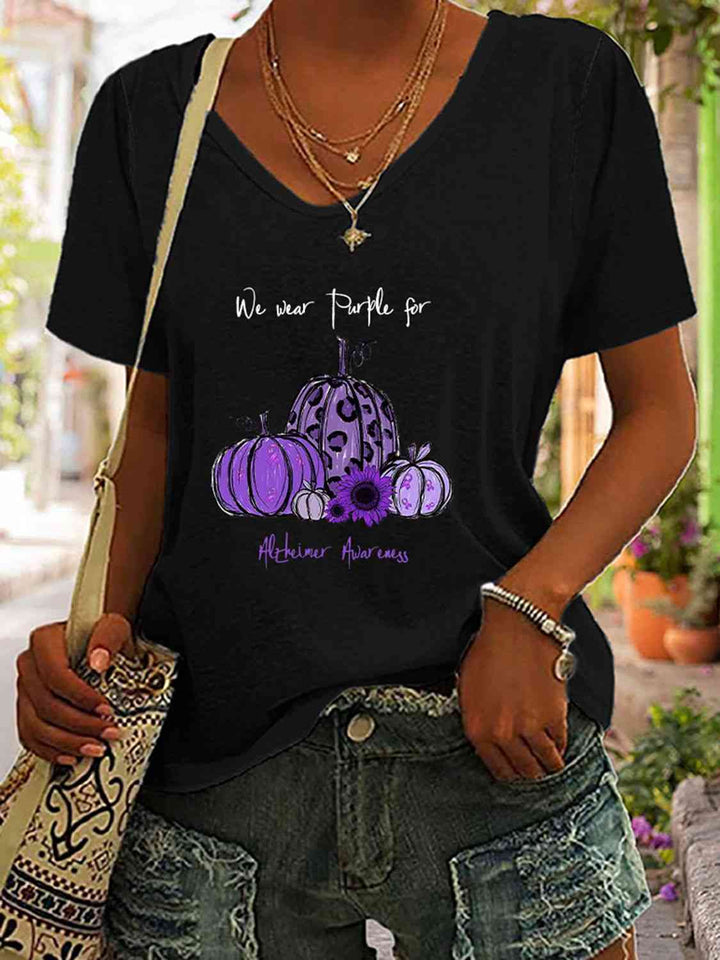 Full Size Pumpkin Graphic V-Neck T-Shirt | 1mrk.com