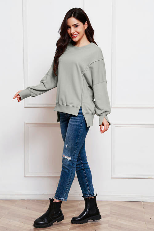 Exposed Seam Long Sleeve Slit Sweatshirt |1mrk.com