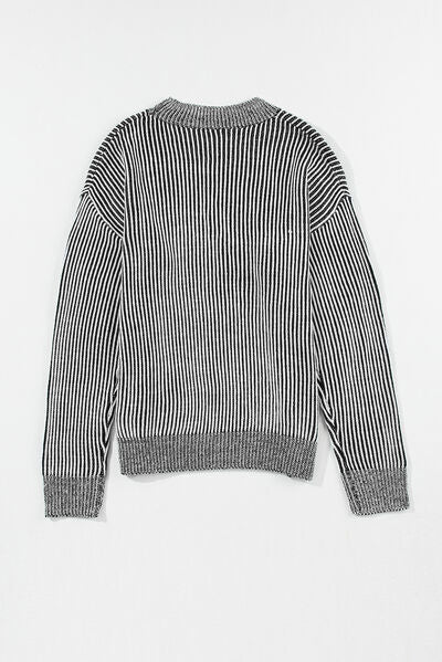 Striped Mock Neck Dropped Shoulder Sweater |1mrk.com