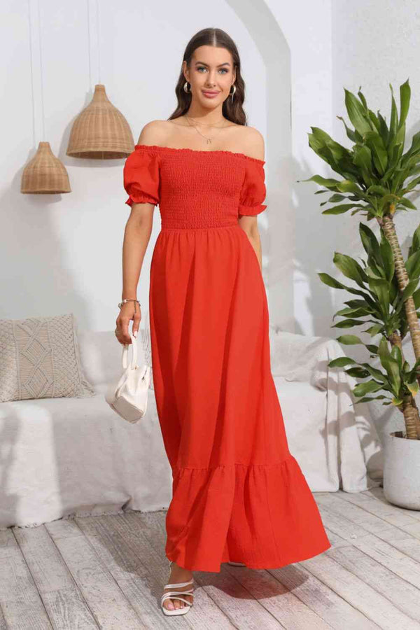 Smocked Off-Shoulder Maxi Dress |1mrk.com