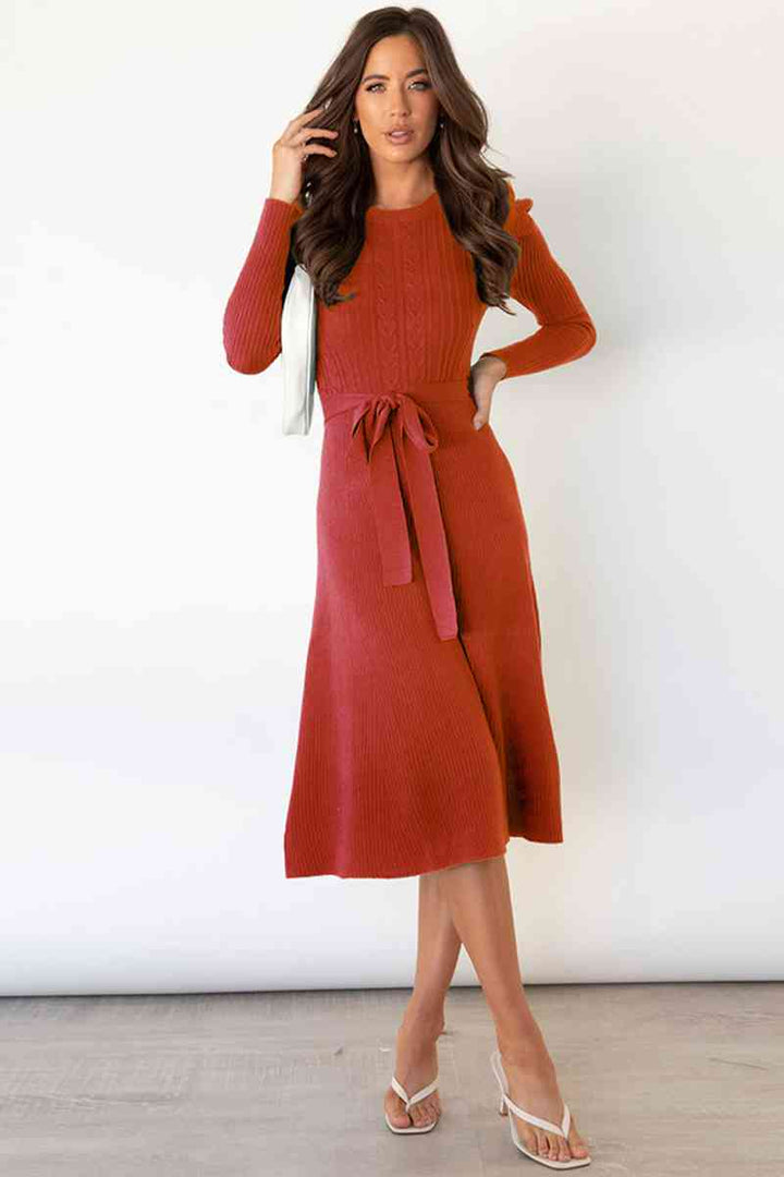 Round Neck Long Sleeve Tie Waist Sweater Dress | 1mrk.com