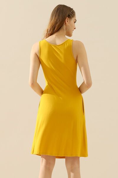 Doublju Full Size Round Neck Ruched Sleeveless Dress with Pockets |1mrk.com