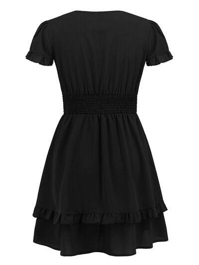 Tied V-Neck Tiered Mini Dress |1mrk.com