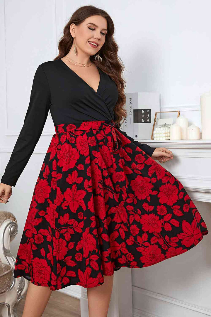 Plus Size Floral Surplice Neck Long Sleeve Dress |1mrk.com