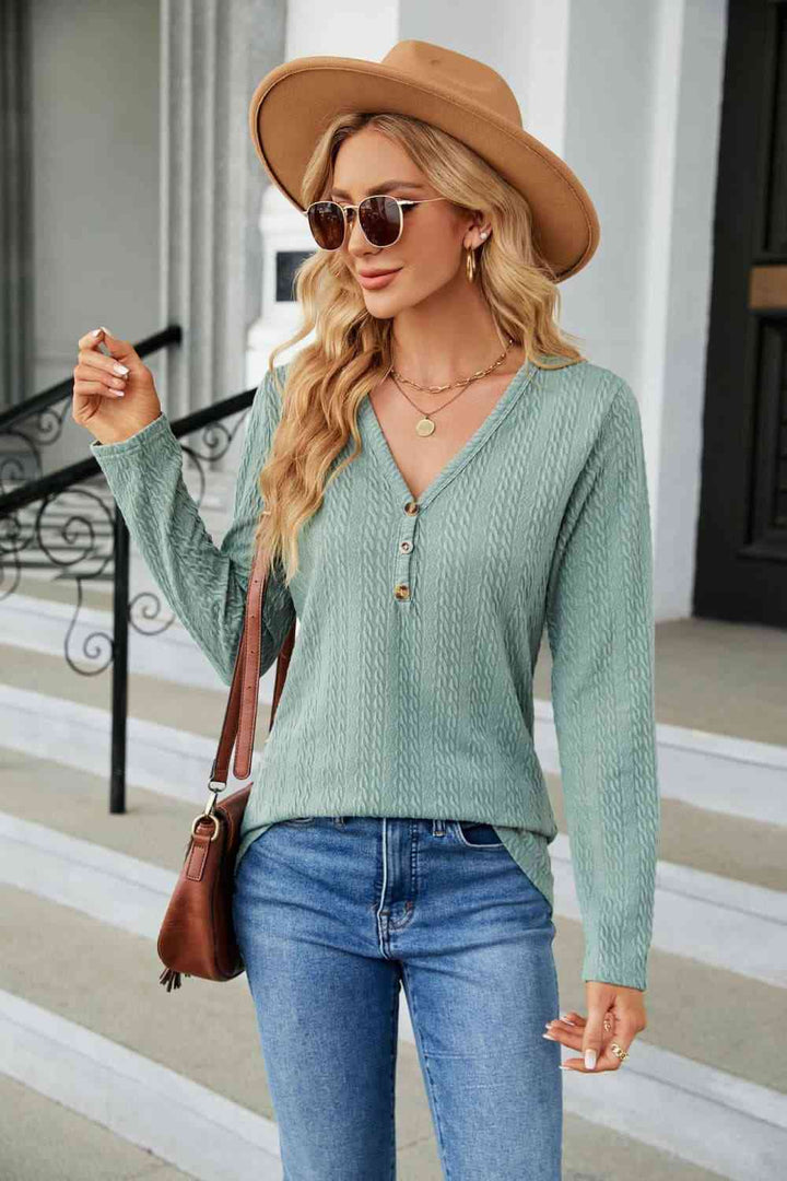 Cable-Knit Long Sleeve V-Neck T-Shirt | 1mrk.com