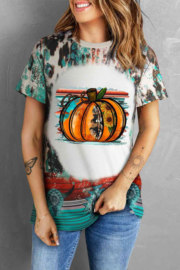 Pumpkin Graphic Round Neck Short Sleeve Tee | 1mrk.com