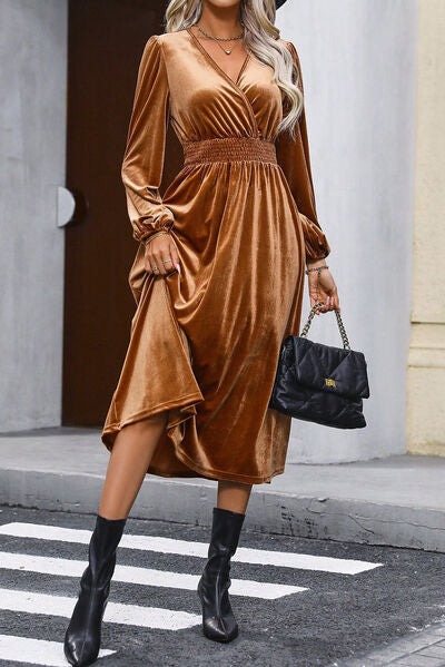 Surplice Balloon Sleeve Smocked Midi Dress | 1mrk.com