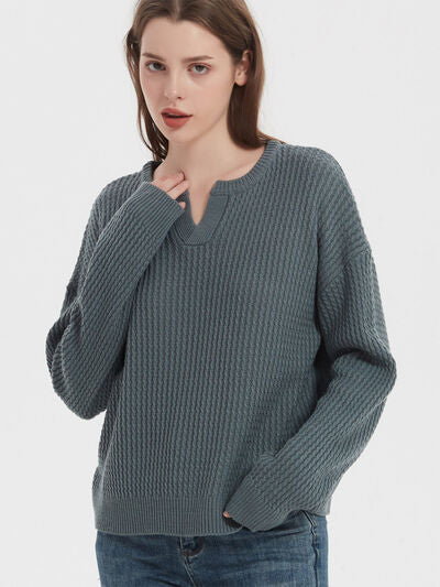 Notched Dropped Shoulder Sweater | Trendsi