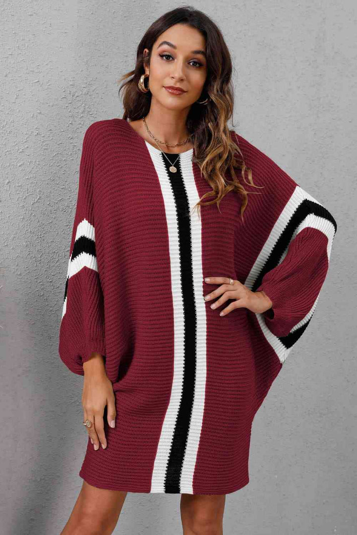 Ribbed Round Neck Long Sleeve Sweater Dress | 1mrk.com