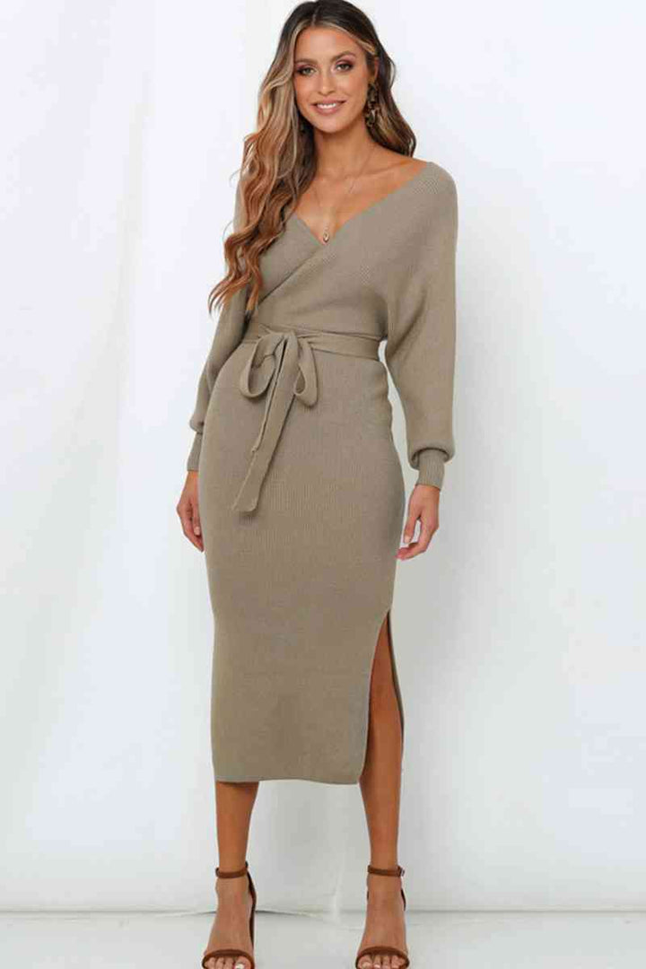 Surplice Neck Bow Waist Slit Sweater Dress |1mrk.com