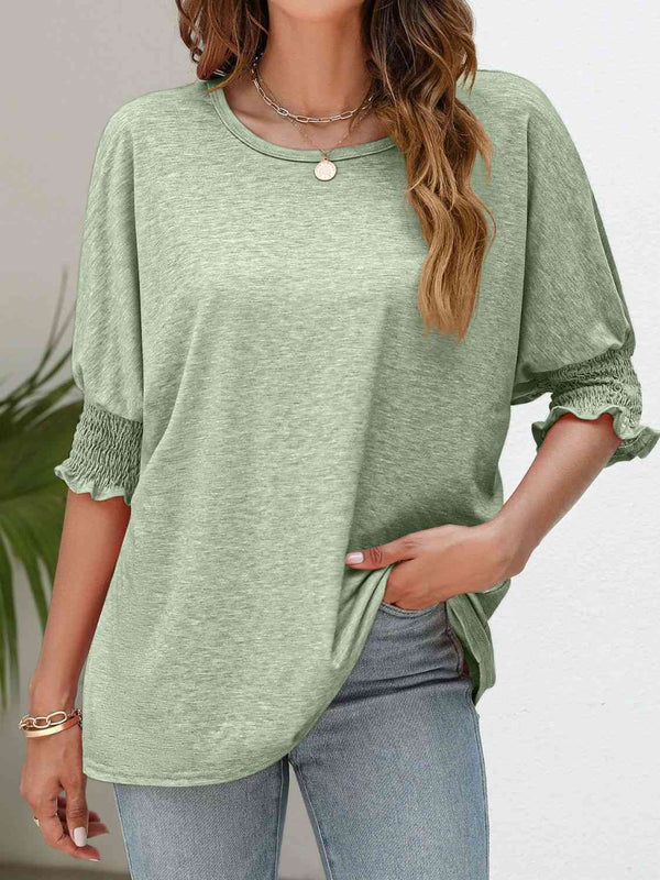 Smocked Flounce Sleeve Round Neck T-Shirt | 1mrk.com