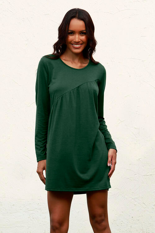 Ruched Round Neck Long Sleeve Dress | 1mrk.com