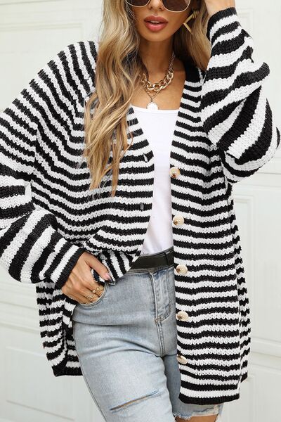 Striped Button Up Long Sleeve Cardigan |1mrk.com