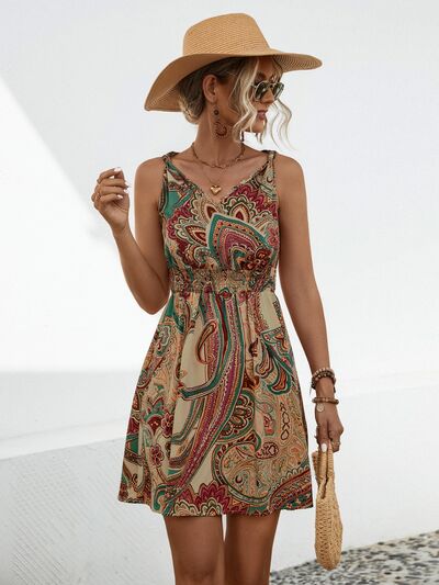 Smocked Printed V-Neck Mini Dress |1mrk.com