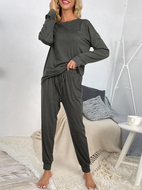 Round Neck Top and Drawstring Pants Lounge Set | 1mrk.com