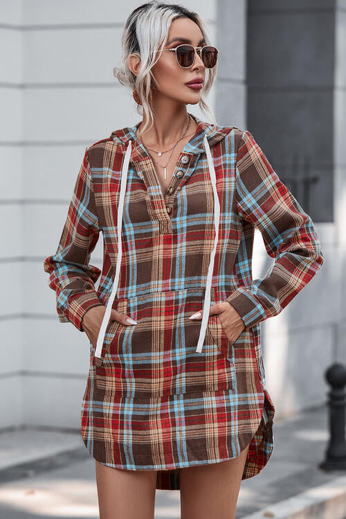 Plaid Drawstring Long Sleeve Hooded Dress with Pocket |1mrk.com