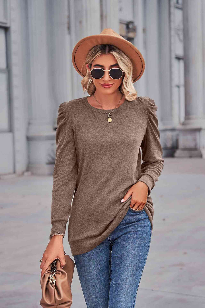 Heathered Puff Sleeve Round Neck Tunic Top | 1mrk.com